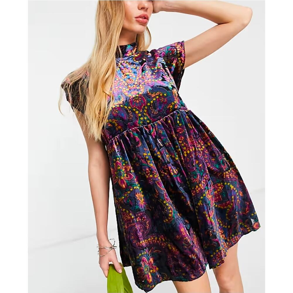 Free People Whimsygoth Velvet Paisley Mock Neck Mini Dress Oversized XS